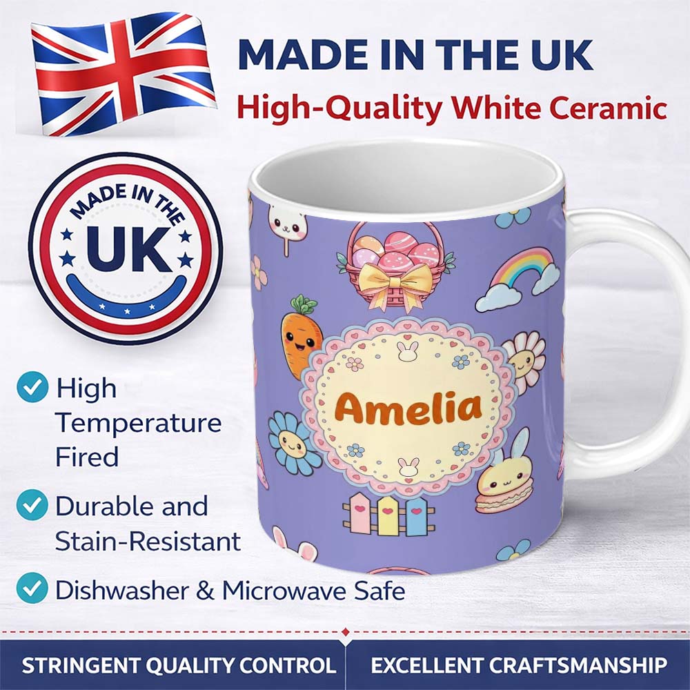 Personalized Custom Name Easter Chick Bunny Macaron Carrot Rainbow Seamless Pattern Purple 11oz Ceramic Coffee Tea Mug White Large Handle