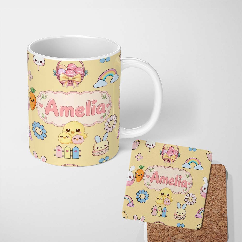 Personalized Custom Name Easter Chick Bunny Macaron Carrot Rainbow Seamless Pattern Yellow 11oz Ceramic Coffee Tea Mug White Large Handle
