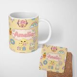 Personalized Custom Name Easter Chick Bunny Macaron Carrot Rainbow Seamless Pattern Yellow 11oz Ceramic Coffee Tea Mug White Large Handle
