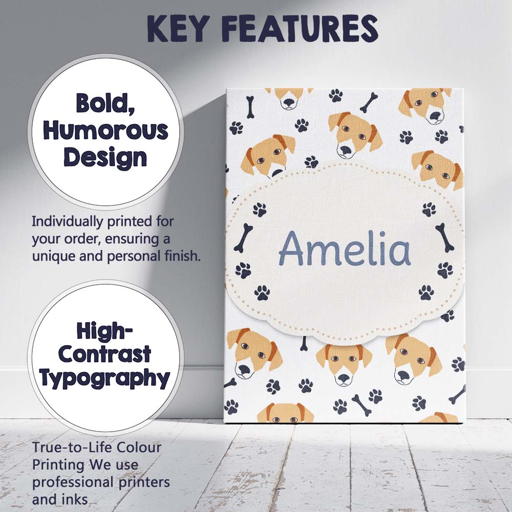 Personalised Name Cute Dog Faces Paw Prints Bones White Background Custom  Unique Canvas Wall Art Print Decor Picture Ready to Hang