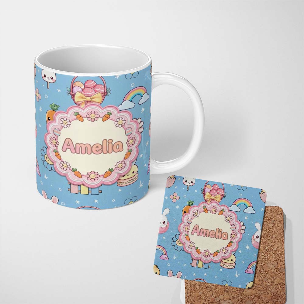 Personalized Custom Name Easter Chick Bunny Macaron Carrot Rainbow Seamless Pattern Sky Blue 11oz Ceramic Coffee Tea Mug White Large Handle