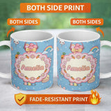 Personalized Custom Name Easter Chick Bunny Macaron Carrot Rainbow Seamless Pattern Sky Blue 11oz Ceramic Coffee Tea Mug White Large Handle