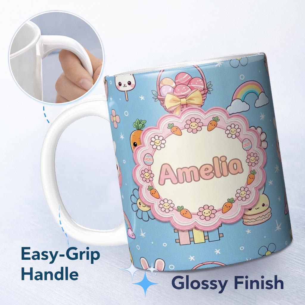 Personalized Custom Name Easter Chick Bunny Macaron Carrot Rainbow Seamless Pattern Sky Blue 11oz Ceramic Coffee Tea Mug White Large Handle