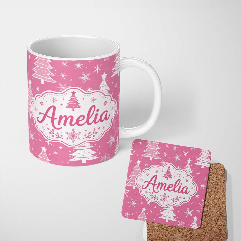 Personalized Custom Name Pink White Christmas Tree Snowflake Star Seamless Pattern Lovely 11oz Ceramic Coffee Tea Mug White Large Handle