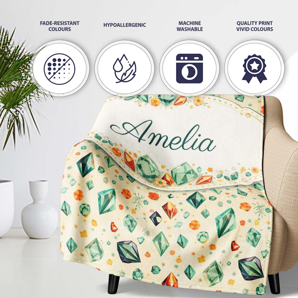 Decorative Crystal Floral Seamless Pattern Pastel Gemstone Botanical  Personalised Custom Name Super Soft Fleece Blanket Bed Sofa Throw