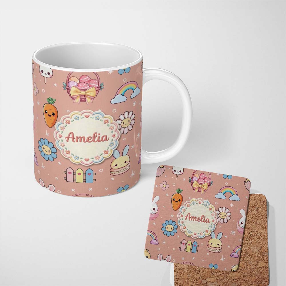 Personalized Custom Name Easter Chick Bunny Macaron Carrot Rainbow Seamless Pattern Peach 11oz Ceramic Coffee Tea Mug White Large Handle