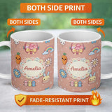 Personalized Custom Name Easter Chick Bunny Macaron Carrot Rainbow Seamless Pattern Peach 11oz Ceramic Coffee Tea Mug White Large Handle
