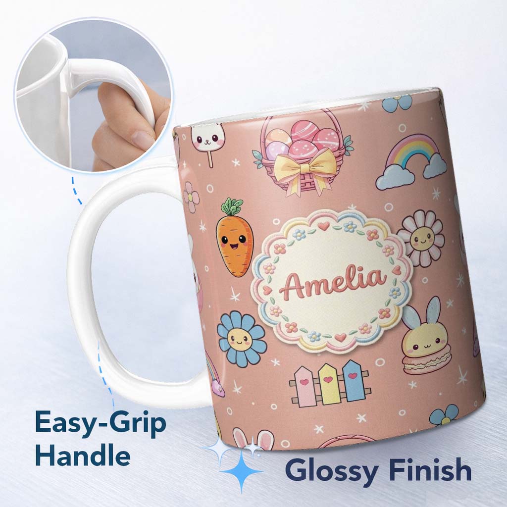 Personalized Custom Name Easter Chick Bunny Macaron Carrot Rainbow Seamless Pattern Peach 11oz Ceramic Coffee Tea Mug White Large Handle