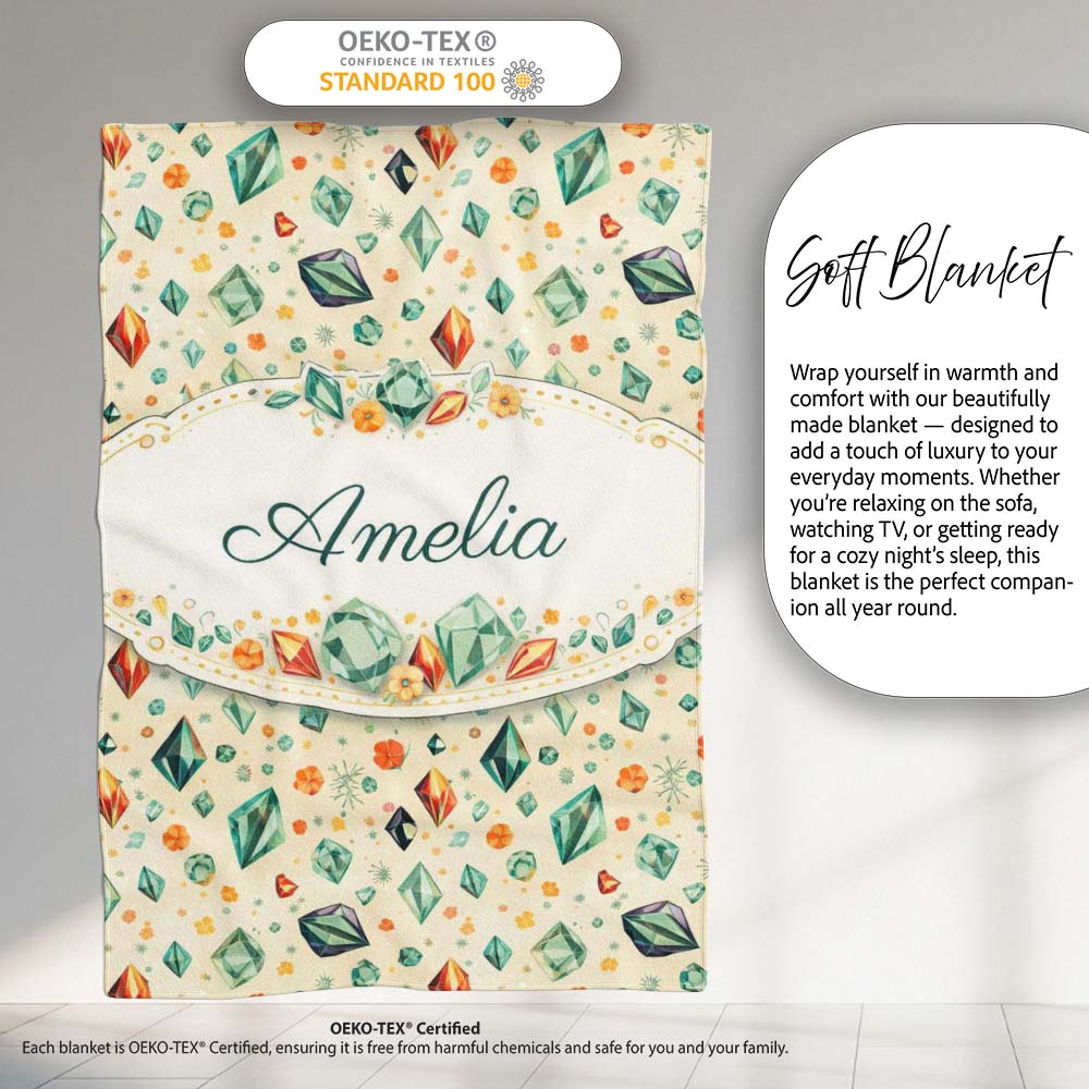 Decorative Crystal Floral Seamless Pattern Pastel Gemstone Botanical  Personalised Custom Name Super Soft Fleece Blanket Bed Sofa Throw
