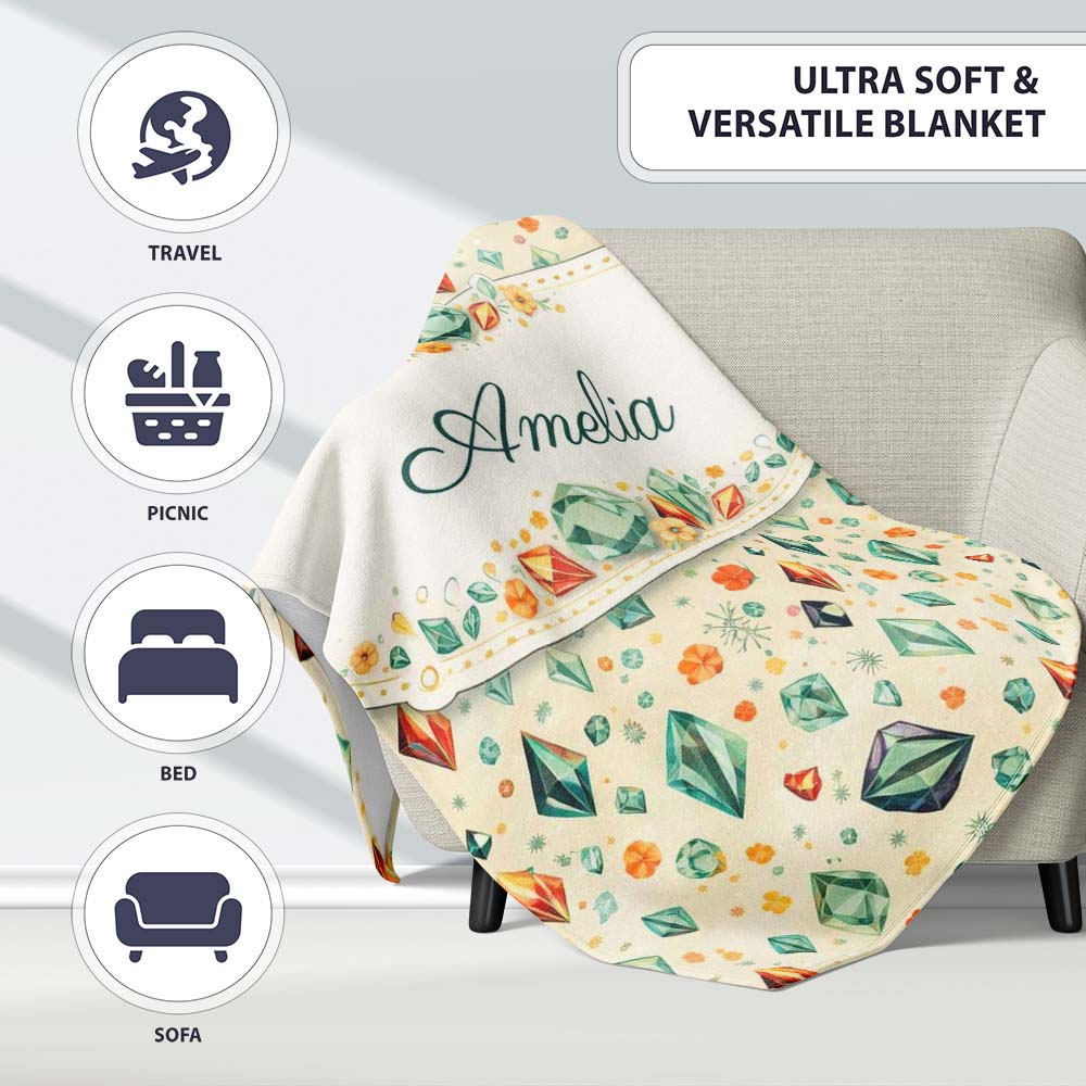 Decorative Crystal Floral Seamless Pattern Pastel Gemstone Botanical  Personalised Custom Name Super Soft Fleece Blanket Bed Sofa Throw
