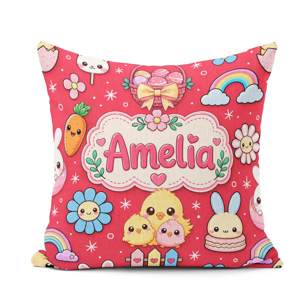 Custom Name Easter Chick Bunny Carrot Rainbow Basket Pattern Red Square Filled Cushion Throw Pillow Sofa Bed Home Decor Zip Washable UK Made