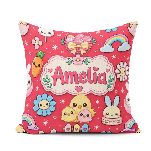 Custom Name Easter Chick Bunny Carrot Rainbow Basket Pattern Red Square Filled Cushion Throw Pillow Sofa Bed Home Decor Zip Washable UK Made