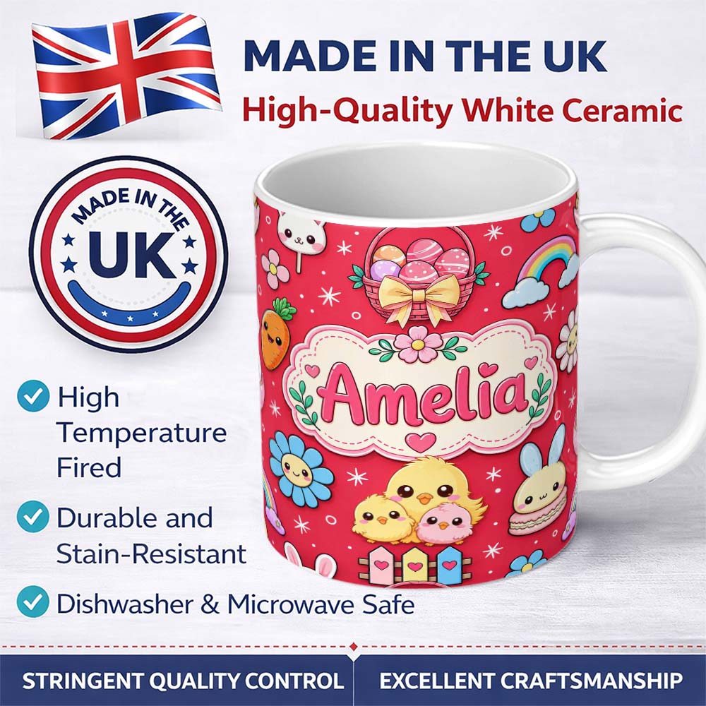 Personalized Custom Name Cute Easter Chick Bunny Carrot Rainbow Basket Seamless Pattern Red 11oz Ceramic Coffee Tea Mug White Large Handle