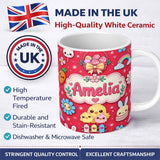 Personalized Custom Name Cute Easter Chick Bunny Carrot Rainbow Basket Seamless Pattern Red 11oz Ceramic Coffee Tea Mug White Large Handle