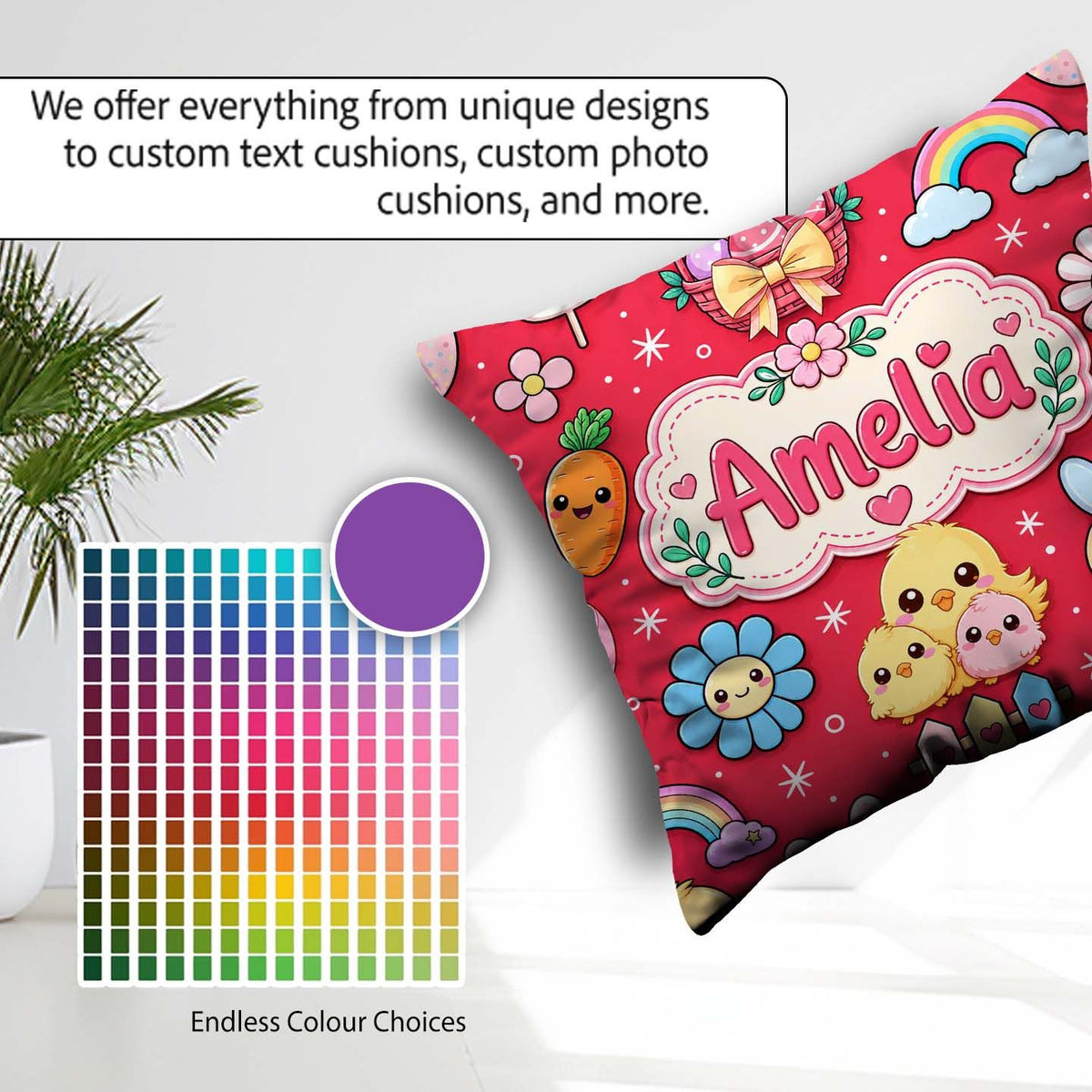 Custom Name Easter Chick Bunny Carrot Rainbow Basket Pattern Red Square Filled Cushion Throw Pillow Sofa Bed Home Decor Zip Washable UK Made