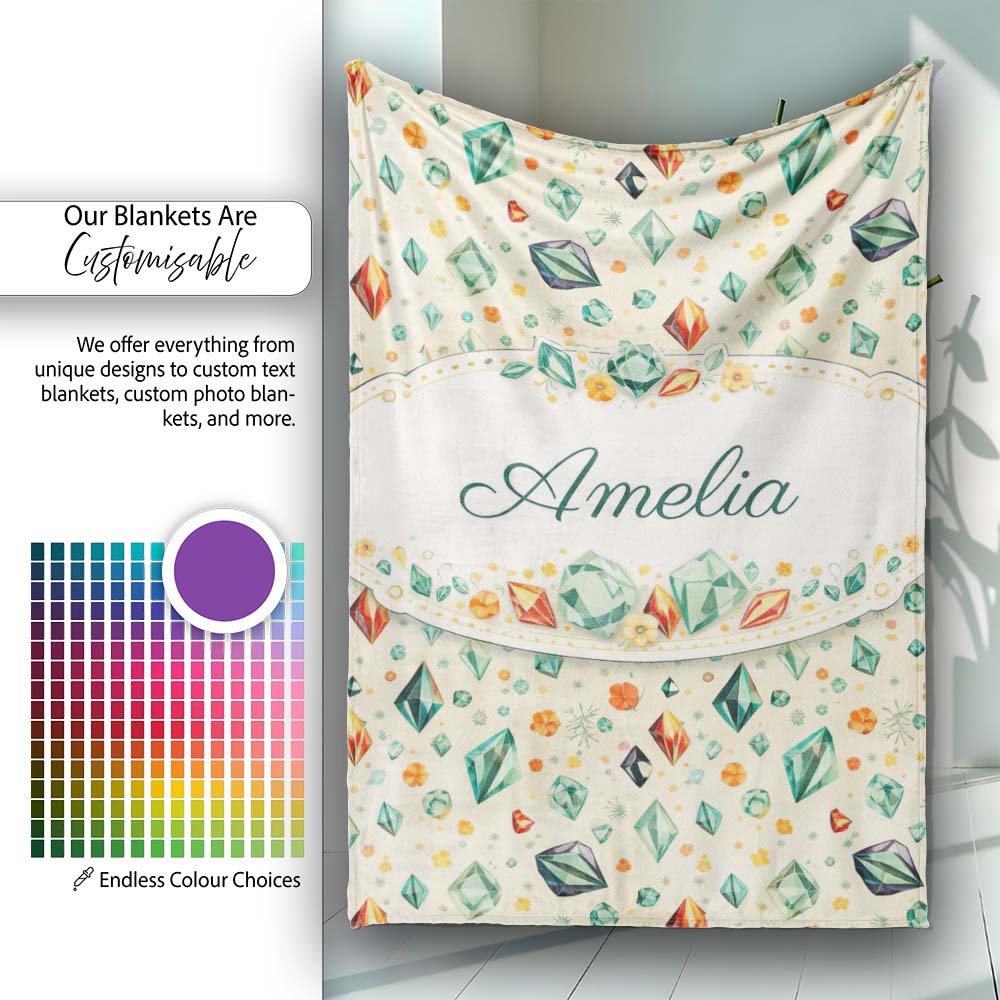 Decorative Crystal Floral Seamless Pattern Pastel Gemstone Botanical  Personalised Custom Name Super Soft Fleece Blanket Bed Sofa Throw