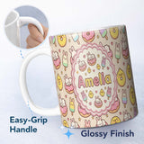 Personalized Custom Name Cute Bunny Ice Cream Donut Chick Kawaii Seamless Pattern Background 11oz Ceramic Coffee Tea Mug White Large Handle