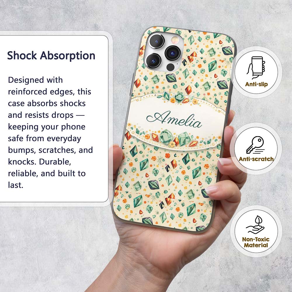 Decorative Crystal Floral Seamless Pattern Pastel Custom Name Protective Phone Case Mobile Cover Durable Everyday Smartphone Shock Resistant