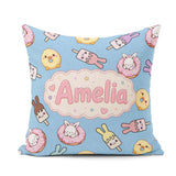Custom Name Cute Bunny Ice Cream Donut Chick Kawaii Pattern Blue Square Filled Cushion Throw Pillow Sofa Bed Home Decor Zip Washable UK Made