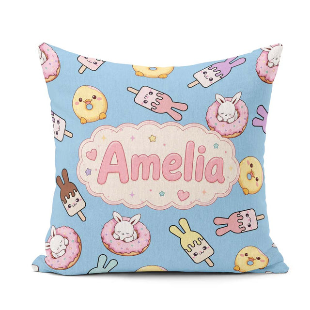 Custom Name Cute Bunny Ice Cream Donut Chick Kawaii Pattern Blue Square Filled Cushion Throw Pillow Sofa Bed Home Decor Zip Washable UK Made
