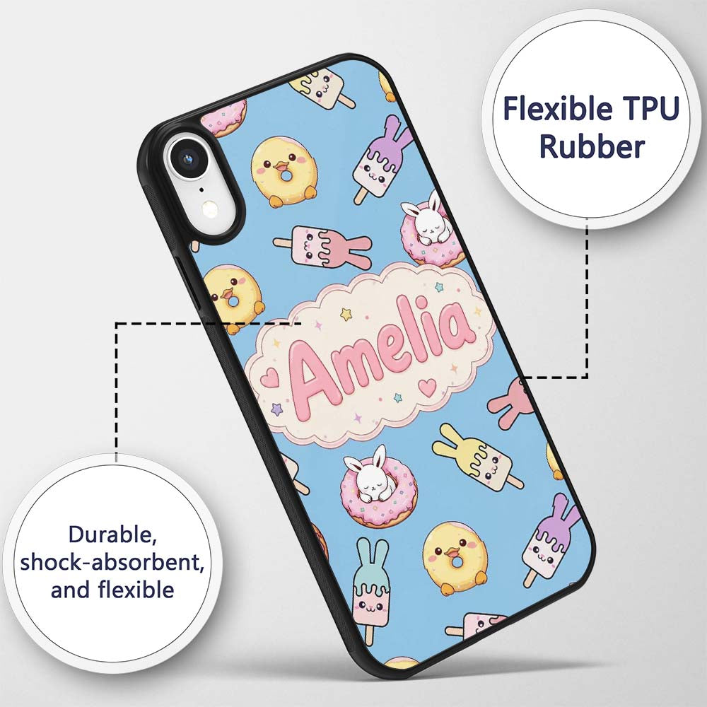 Cute Bunny Ice Cream Donut Chick Kawaii Seamless Custom Name Protective Phone Case Mobile Cover Durable Everyday Smartphone Shock Resistant