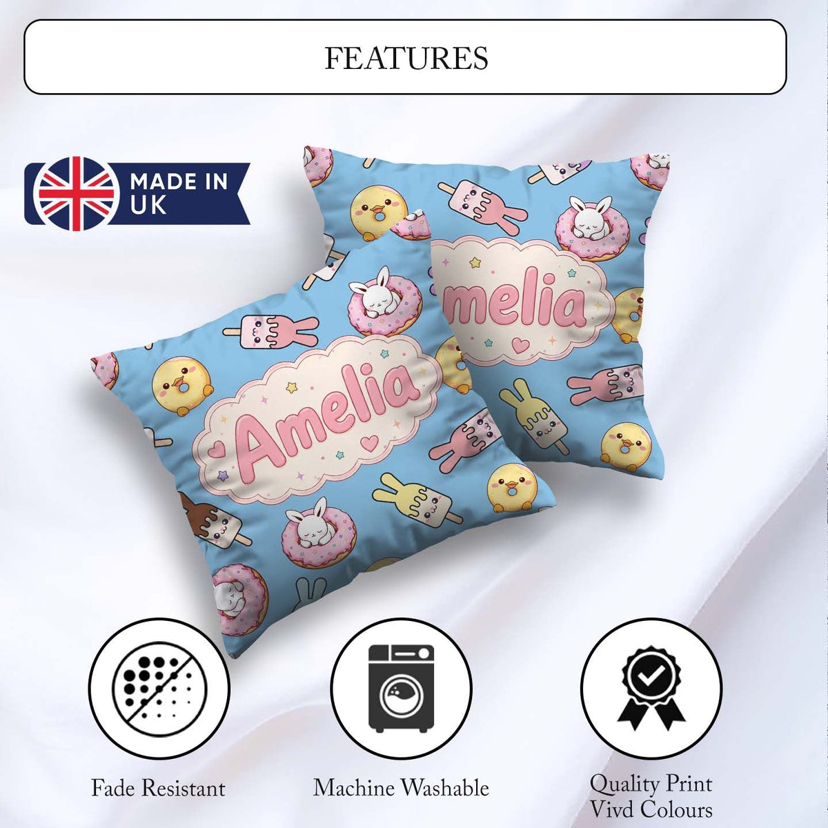 Custom Name Cute Bunny Ice Cream Donut Chick Kawaii Pattern Blue Square Filled Cushion Throw Pillow Sofa Bed Home Decor Zip Washable UK Made