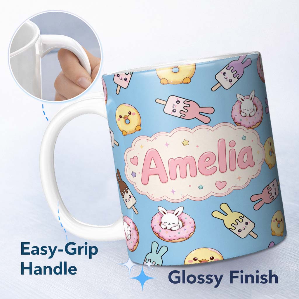 Personalized Custom Name Cute Bunny Ice Cream Donut Chick Kawaii Seamless Pattern Blue 11oz Ceramic Coffee Tea Mug White Large Handle