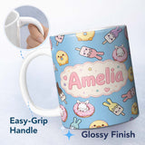 Personalized Custom Name Cute Bunny Ice Cream Donut Chick Kawaii Seamless Pattern Blue 11oz Ceramic Coffee Tea Mug White Large Handle