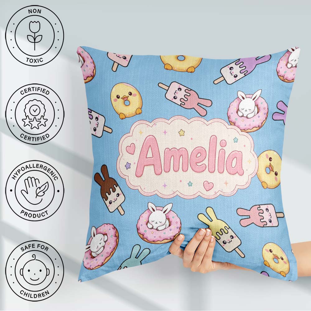 Custom Name Cute Bunny Ice Cream Donut Chick Kawaii Pattern Blue Square Filled Cushion Throw Pillow Sofa Bed Home Decor Zip Washable UK Made