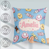 Custom Name Cute Bunny Ice Cream Donut Chick Kawaii Pattern Blue Square Filled Cushion Throw Pillow Sofa Bed Home Decor Zip Washable UK Made