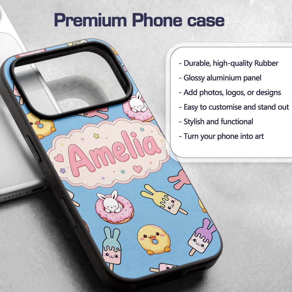 Cute Bunny Ice Cream Donut Chick Kawaii Seamless Custom Name Protective Phone Case Mobile Cover Durable Everyday Smartphone Shock Resistant