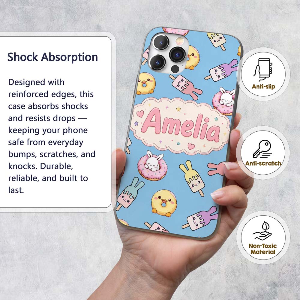 Cute Bunny Ice Cream Donut Chick Kawaii Seamless Custom Name Protective Phone Case Mobile Cover Durable Everyday Smartphone Shock Resistant