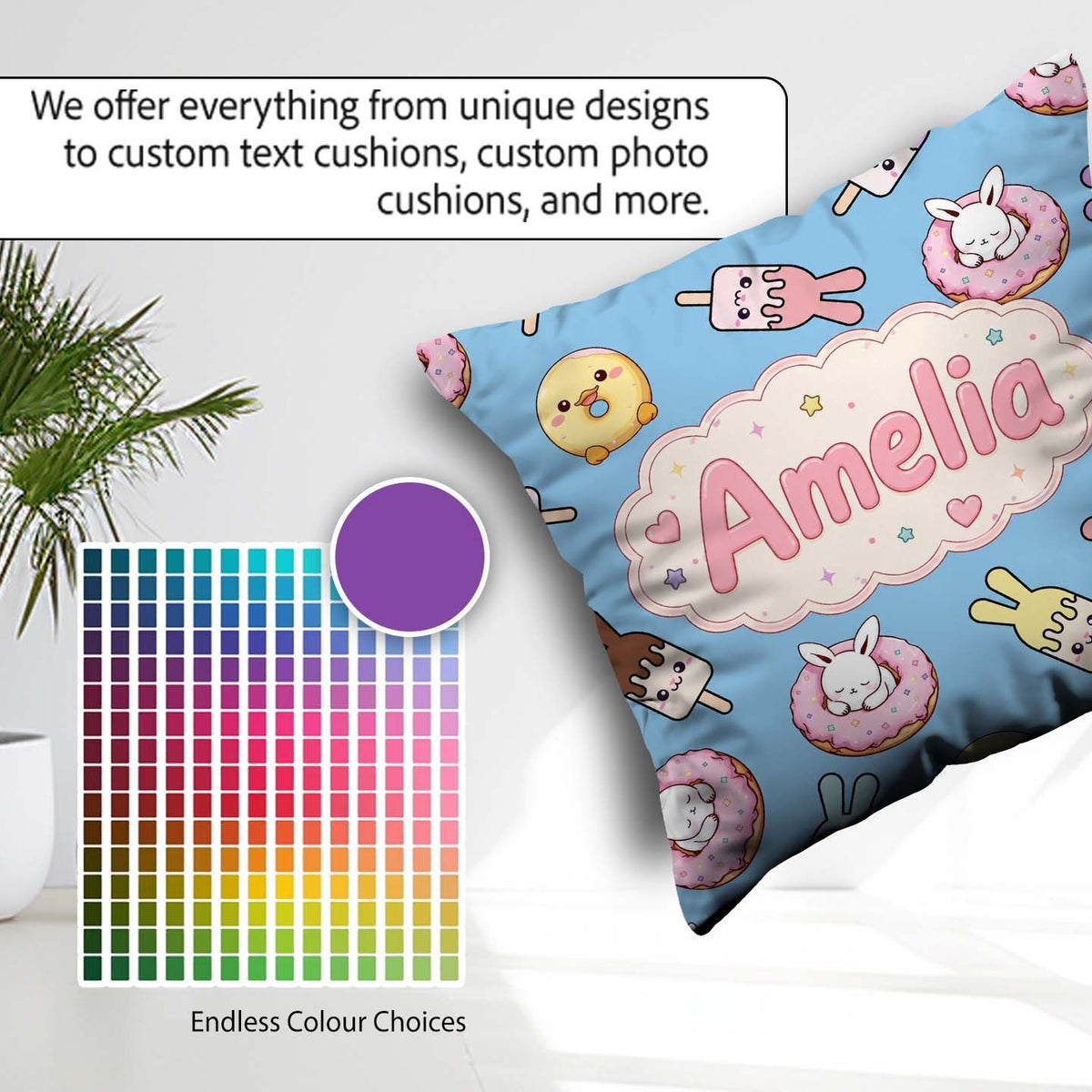 Custom Name Cute Bunny Ice Cream Donut Chick Kawaii Pattern Blue Square Filled Cushion Throw Pillow Sofa Bed Home Decor Zip Washable UK Made
