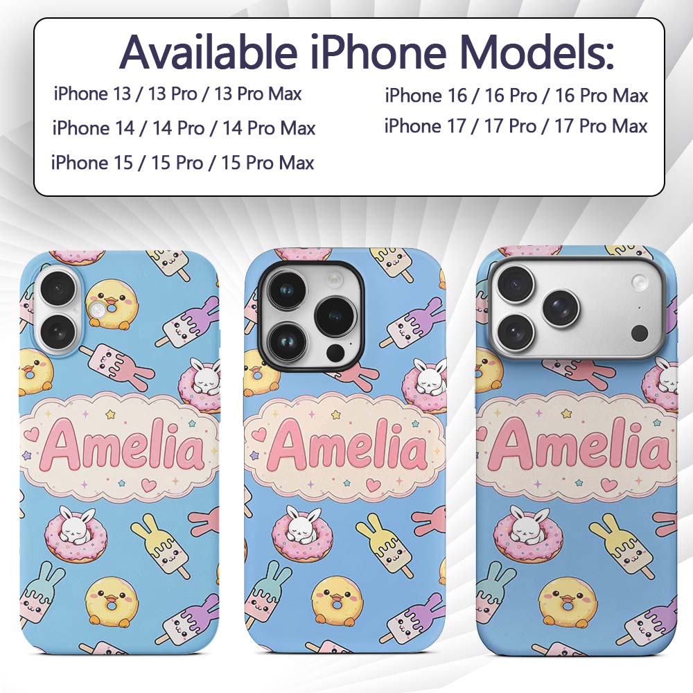 Cute Bunny Ice Cream Donut Chick Kawaii Seamless Custom Name Protective Phone Case Mobile Cover Durable Everyday Smartphone Shock Resistant