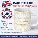Personalized Custom Name Gold Christmas Stockings Outline Seamless Pattern Cute Unique Gift 11oz Ceramic Coffee Tea Mug White Large Handle