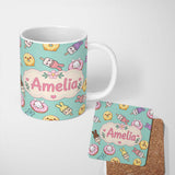 Personalized Custom Name Cute Bunny Ice Cream Donut Chick Kawaii Seamless Pattern Mint 11oz Ceramic Coffee Tea Mug White Large Handle