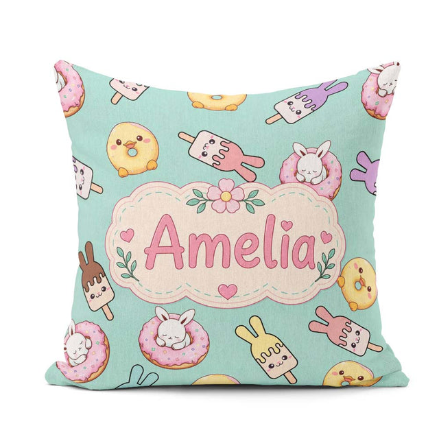 Custom Name Cute Bunny Ice Cream Donut Chick Kawaii Pattern Mint Square Filled Cushion Throw Pillow Sofa Bed Home Decor Zip Washable UK Made