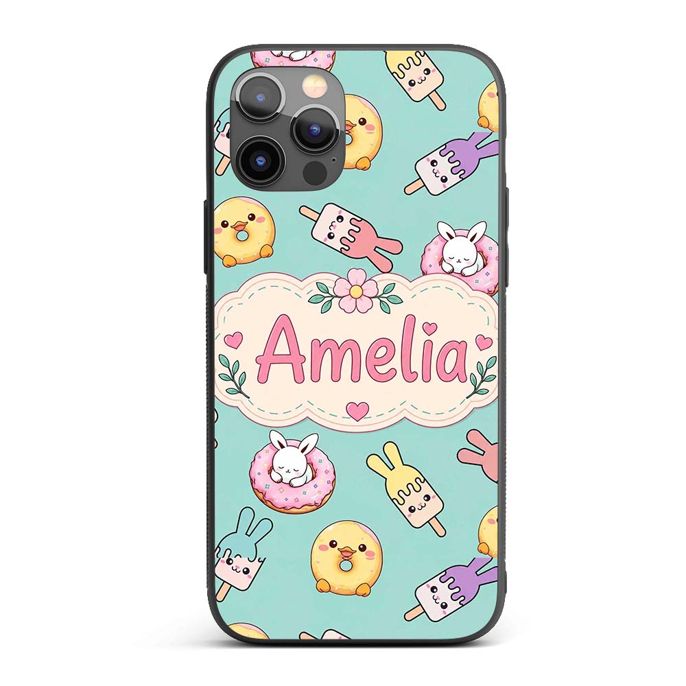 Cute Bunny Ice Cream Donut Chick Kawaii Seamless Custom Name Protective Phone Case Mobile Cover Durable Everyday Smartphone Shock Resistant