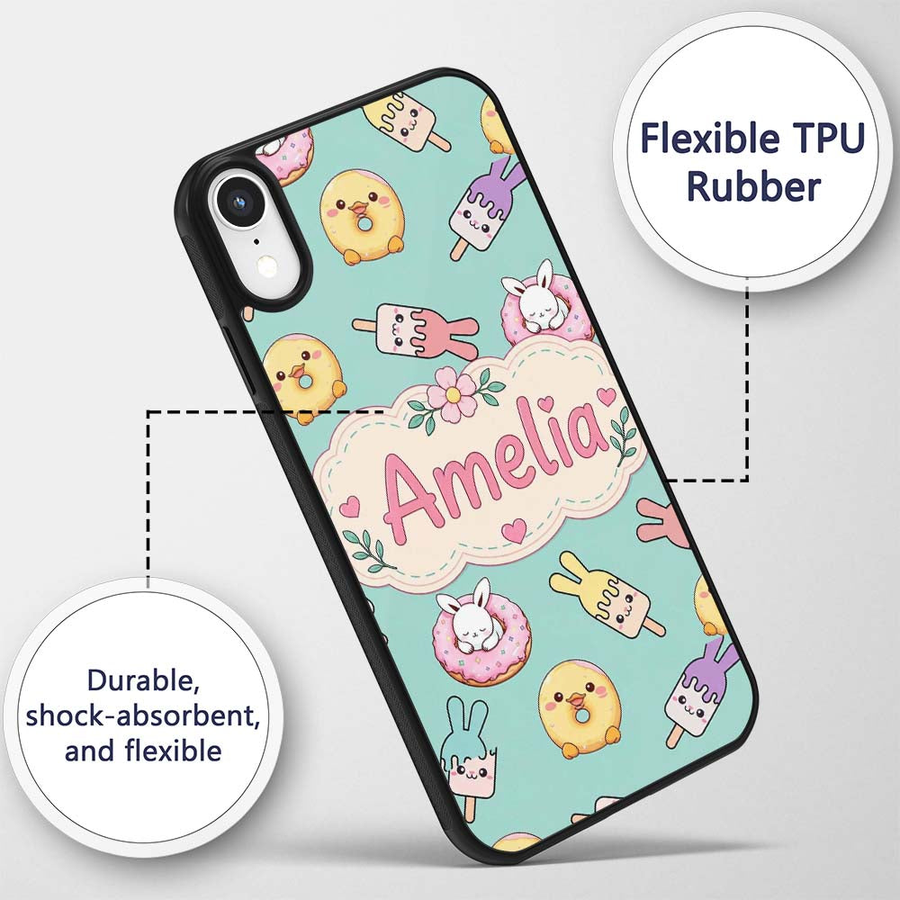Cute Bunny Ice Cream Donut Chick Kawaii Seamless Custom Name Protective Phone Case Mobile Cover Durable Everyday Smartphone Shock Resistant