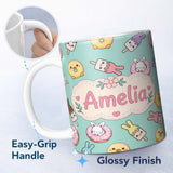 Personalized Custom Name Cute Bunny Ice Cream Donut Chick Kawaii Seamless Pattern Mint 11oz Ceramic Coffee Tea Mug White Large Handle