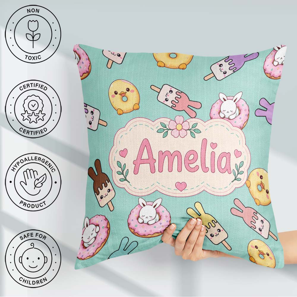 Custom Name Cute Bunny Ice Cream Donut Chick Kawaii Pattern Mint Square Filled Cushion Throw Pillow Sofa Bed Home Decor Zip Washable UK Made