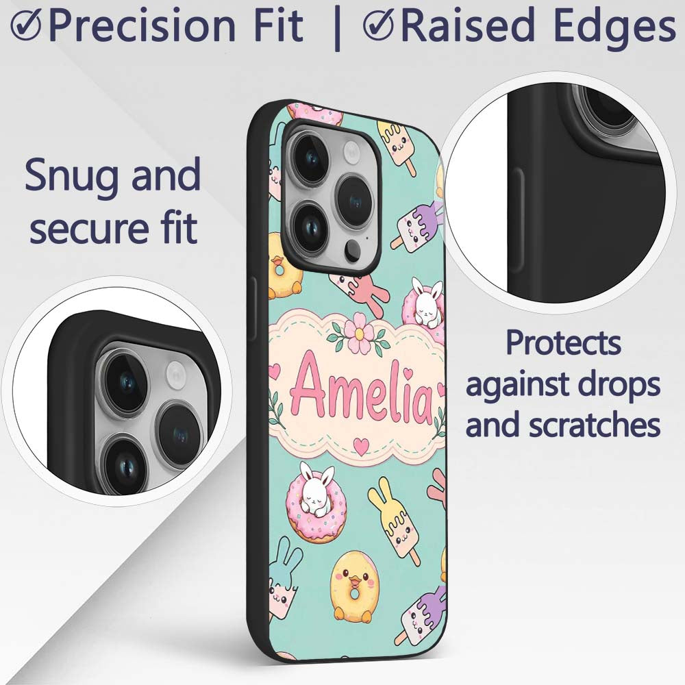 Cute Bunny Ice Cream Donut Chick Kawaii Seamless Custom Name Protective Phone Case Mobile Cover Durable Everyday Smartphone Shock Resistant