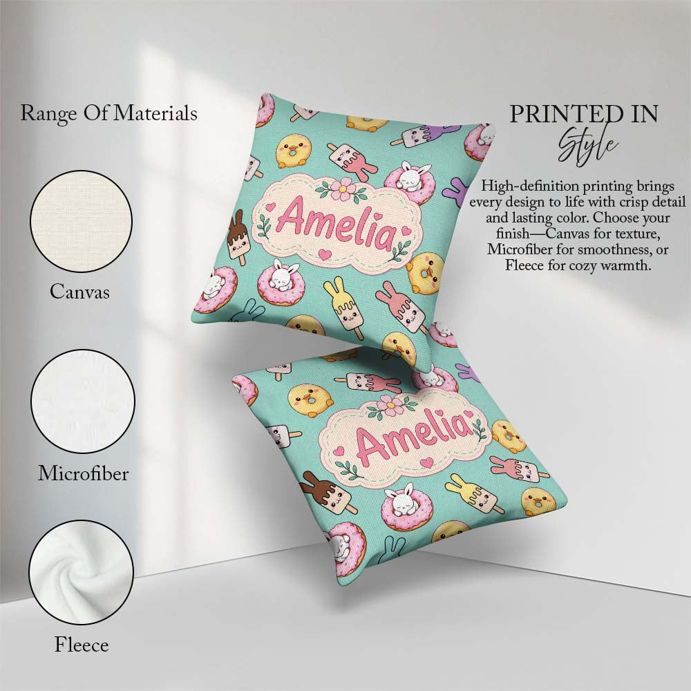 Custom Name Cute Bunny Ice Cream Donut Chick Kawaii Pattern Mint Square Filled Cushion Throw Pillow Sofa Bed Home Decor Zip Washable UK Made