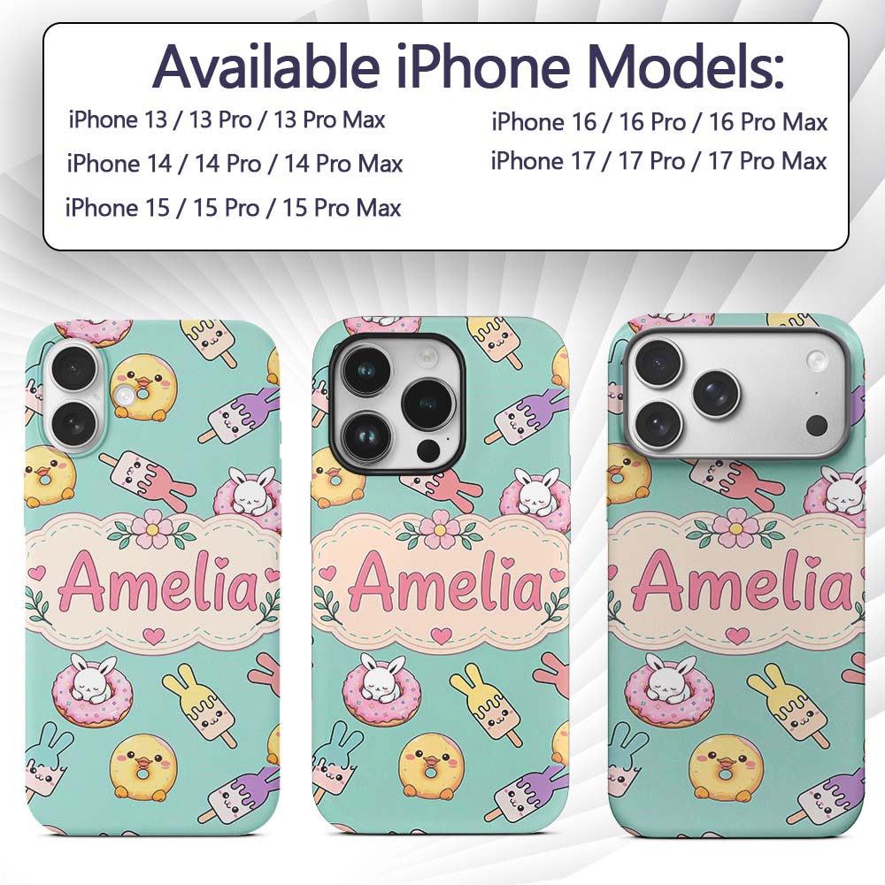 Cute Bunny Ice Cream Donut Chick Kawaii Seamless Custom Name Protective Phone Case Mobile Cover Durable Everyday Smartphone Shock Resistant