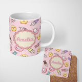 Personalized Custom Name Cute Bunny Ice Cream Donut Chick Kawaii Seamless Pattern Blush 11oz Ceramic Coffee Tea Mug White Large Handle