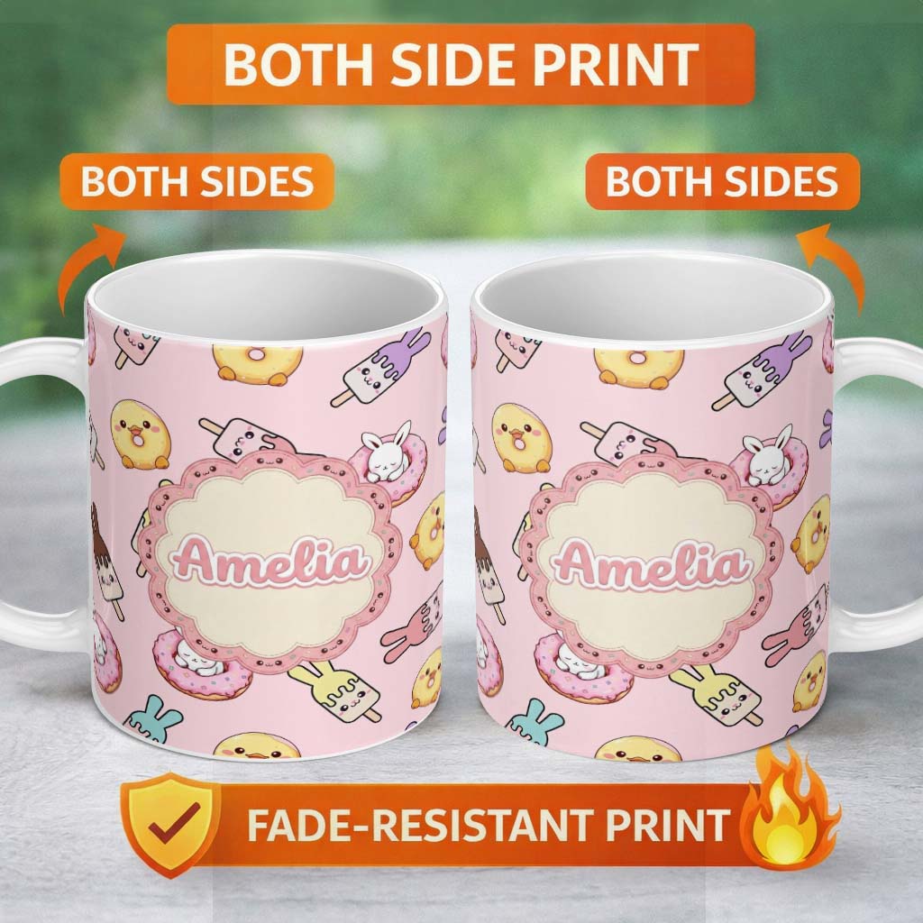 Personalized Custom Name Cute Bunny Ice Cream Donut Chick Kawaii Seamless Pattern Blush 11oz Ceramic Coffee Tea Mug White Large Handle