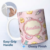 Personalized Custom Name Cute Bunny Ice Cream Donut Chick Kawaii Seamless Pattern Blush 11oz Ceramic Coffee Tea Mug White Large Handle