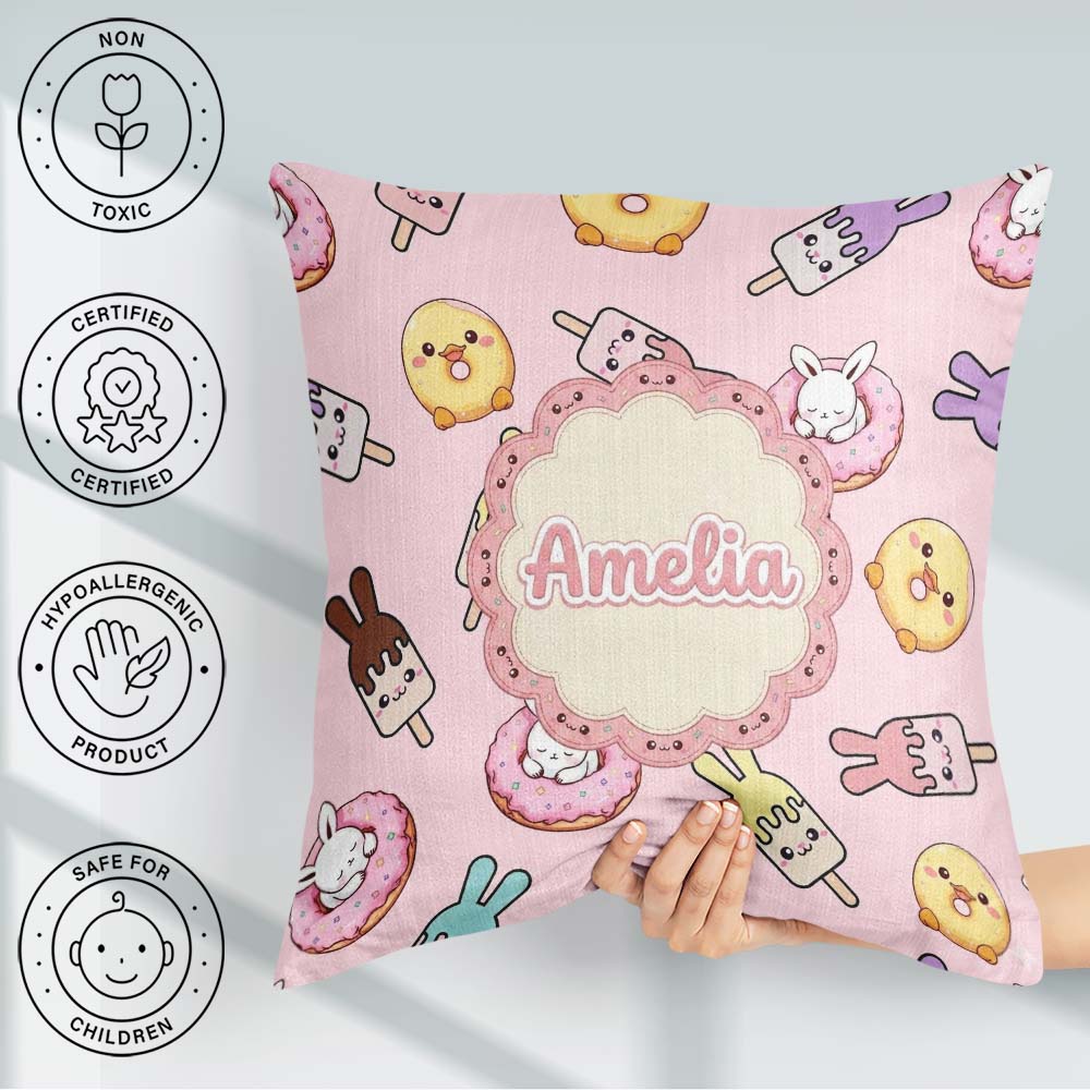 Custom Name Bunny Ice Cream Donut Chick Kawaii Seamless Pattern Square Filled Cushion Throw Pillow Sofa Bed Home Decor Zip Washable UK Made