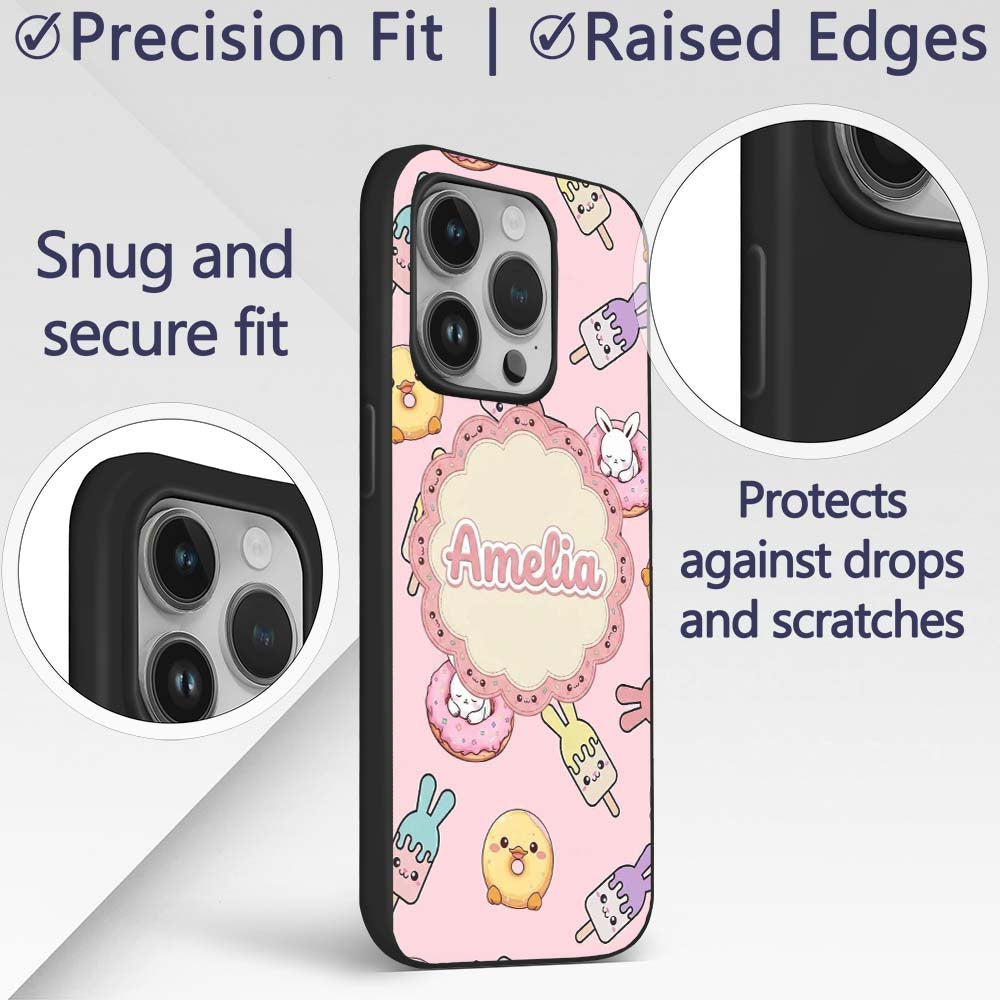 Cute Bunny Ice Cream Donut Chick Kawaii Seamless Custom Name Protective Phone Case Mobile Cover Durable Everyday Smartphone Shock Resistant