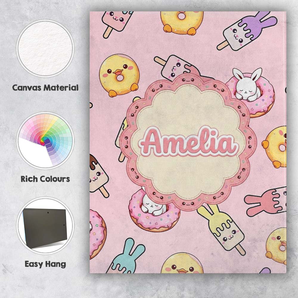 Personalised Name Cute Bunny Ice Cream Custom  Modern Room Accent Elegant Feature Canvas Wall Art Print Decor Picture Ready to Hang